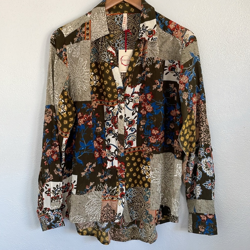 Raga Boho Tropical Multi Print Button Up Lightweight V Neck Notch Collar Top S